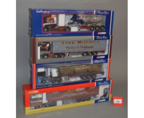 Four Corgi 1:50 scale diecast model lorries: CC11905 Jos Millican ERF EC Flatbed Trailer with Log Load; CC12807 Cyril Knowles