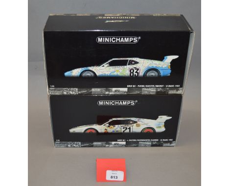 Two boxed Minichamps BMW M1 diecast models in 1:18 scale, Le Mans 1980 and 1981. Both appear VG in G+/VG boxes. (2)