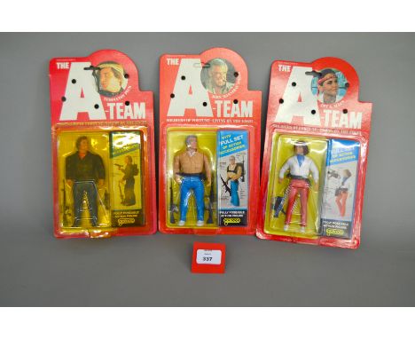 Three Galoob The A-Team action figures: John 'Hannibal' Smith; Amy A. Allen; Templeton Peck. All M and sealed on E cards. (3)
