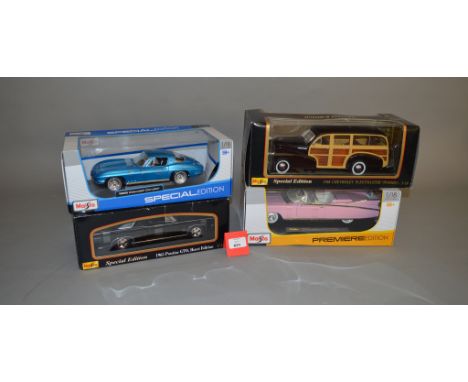 Four Maisto 1:18 scale diecast model cars, including a Cadillac Eldorado in pink. G-VG, boxed. (4)