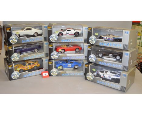 Nine Universal Hobbies Eagle's Race 1:18 scale diecast model cars. VG in G-VG boxes. (9)