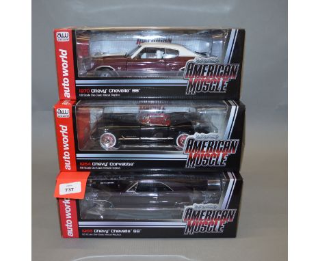 Three boxed ERTL Collectibles diecast model cars in 1:18 scale, a 1954 Chevy Corvette together with 1966 and 1970 versions of