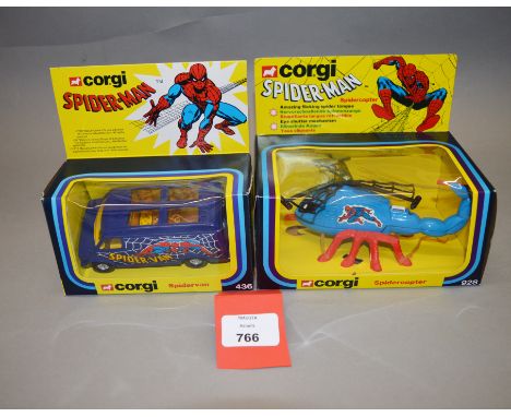 Two Corgi Toys 'Spiderman' related diecast models, #436 Spidervan in blue with four spoke wheels and #928 Spidercopter, the l