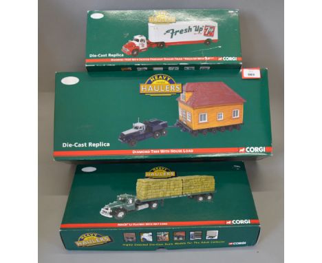 Three Corgi Heavy Haulers 1:50 scale diecast models: US59213 Diamond T620 with Skirted Fruehauf Trailer Truck 'Fresh Up with 
