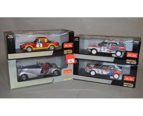 Four Sun Star 1:18 scale diecast model cars: 4941 Fiat 124 Abarth; 2403 1939 Horch 855 Roadster; 3110 Lancia Delta HF Integra