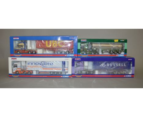 Four Corgi Hauliers of Renown 1:50 scale diecast models: CC13707 SJ Bargh Scania R Series Topline General Purpose Tanker; CC1