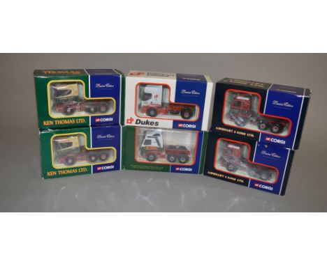 Six Corgi 1:50 scale diecast model tractor units: two CC12417 A Wishart & Sons Volvo FH Globetrotter; two CC12214 Ken Thomas 