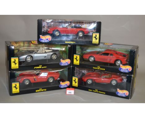 Five Mattel Hot Wheels 1:18 scale diecast Ferrari models. Boxed and VG. (5)