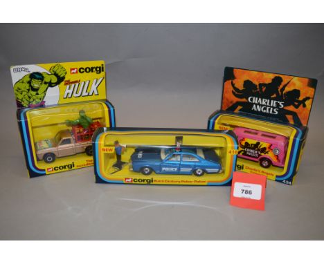 Three Corgi Toys diecast models, #264 The Incredible Hulk, #416 Buick Century Police and #434 Charlie's Angels Custom Van. Mo