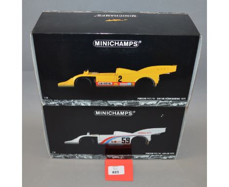 Two boxed Minichamps Porsche 917/10 diecast model cars in 1:18 scale, 300km Nurburgring 1973 and Can Am 1973. Models appear G