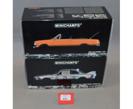 Two boxed BMW  diecast model cars in 1:18 scale, CSL 3.5 IMSA-Winner Sebring 12 hours 1975 and 1600 Cabriolet 1967. Models ap