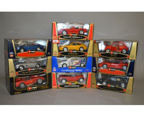 10 x Bburago 1:18 scale diecast model cars, including: Ford Focus WRC; Chevrolet Corvette 1997; Ferrari 250 Testa Roaa 1957; 