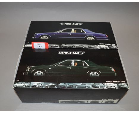 Two boxed Minichamps Bentley Arnage T diecast model cars in 1:18 scale, 2002 and 2004. Models appear G+/VG in generally G+ bo