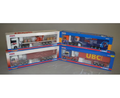 Four Corgi Hauliers of Renown 1:50 scale diecast models: CC12816 Bulmers Logistics Scania T Topline Skeletal Trailer & Contai