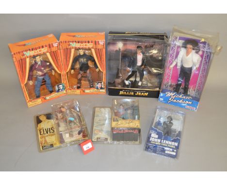 Quantity of musician action figures and dolls: McFarlane 1956 Elvis; NECA John Lennon New York Years; two Living Toyz NSync; 
