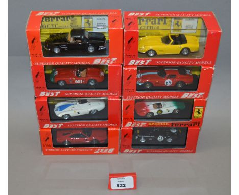 Eight boxed Ferrari diecast model cars in 1:43 scale by 'Best' (Italy), including 275, 330GTC and 860 Monza variants. Models 