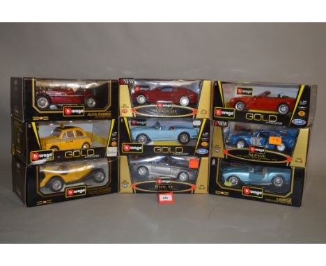 Nine Bburago 1:18 scale diecast model cars, including Alfa Romeo, Maserati, Lancia, etc. VG, boxed. (9)