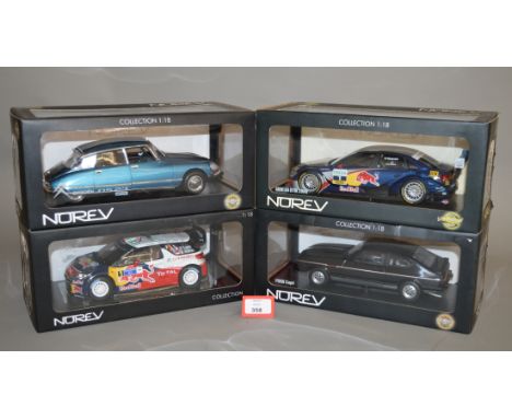 Four Norev 1:18 scale diecast model cars: Audi A4 DTM 2008; Citroen DS 23 Pallas; Ford Capri; Citroen DS3 WRC. Boxed and E. (