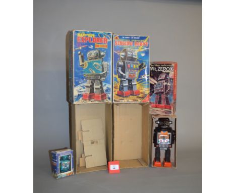 Two robot toys, and two empty boxes: Horikawa (Japan) Mr Zerox, brown tinplate and plastic robot, G but some corrosion includ