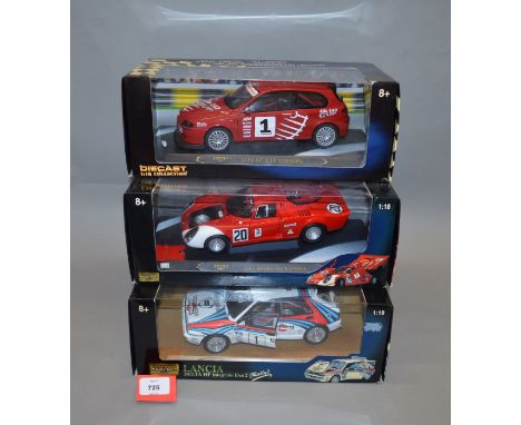 Three boxed Ricko diecast model cars in 1:18 scale, an Alfa 147, an Alfa Romeo 33.2 Daytona and  a Lancia Delta HF integrale 