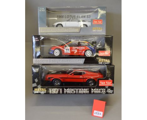 Three Sun Star 1:18 scale diecast model cars: 4054 1966 Lotus Elan; 1971 Mustang Mach I; 4403 Citroen Xsara WRC. E, boxed. (3