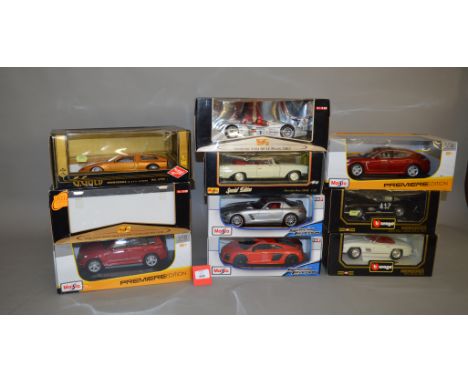 10 x 1:18 scale diecast models by Maisto, Bburago and similar, including Mercedes and Audi, etc. G-VG, boxed.