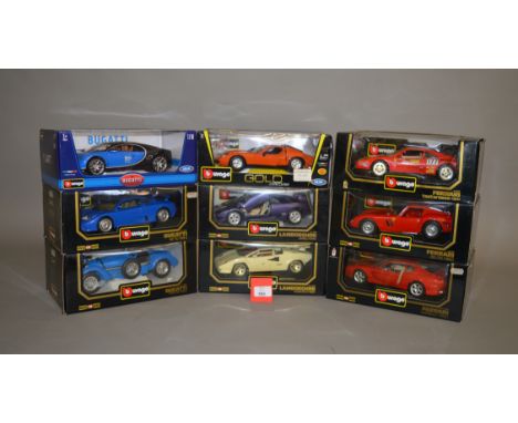 Nine Bburago 1:18 scale diecast model cars, including Bugatti, Ferrari and Lamborghini models. VG, boxed. (9)