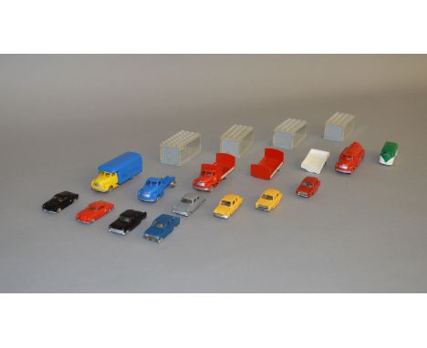 A small quantity of unboxed vintage Lego HO scale plastic vehicles including a Bedford Tanker, Bedford Van in blue and yellow