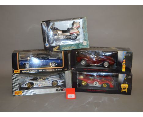 Five diecast models: five 1:18 scale cars by Maisto and Shell; NewRay Road Rider 1:10 scale motorbike. G, boxed. (5)