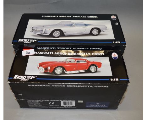 Two boxed Ricko Maserati diecast model cars in 1:18 scale, a  1959 3500GT Vignale and a 1954 A6GCS Berlinetta. Both models ap