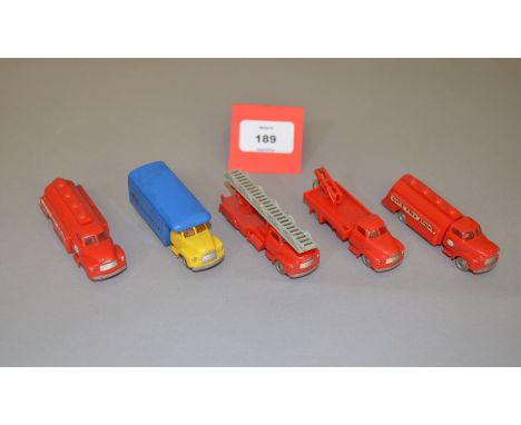 Five vintage unboxed plastic Lego vehicles, approximately HO scale, all with 'Bedford' style cabs, including a Van in blue/ye