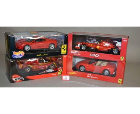 Four Mattel Hot Wheels 1:18 scale diecast Ferrari models. E in G-VG boxes. (4)