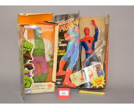 Two vintage superhero action figures: Burbank Toys (Mego) The Incredible Hulk, E; Ideal The Amazing Energized Spider-Man, G. 