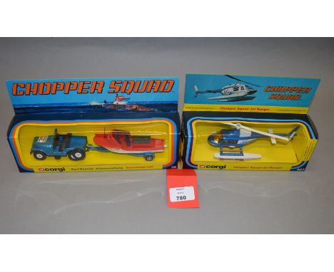 Two Corgi Toys 'Chopper Squad' related diecast models, #35 Surf Rescue and #927 Chopper Squad Jet Ranger. Models appear VG in