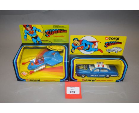 Two Corgi Toys 'Superman' related diecast models, #260 Metropolis Police Car in blue and #265 Supermobile. Both models appear