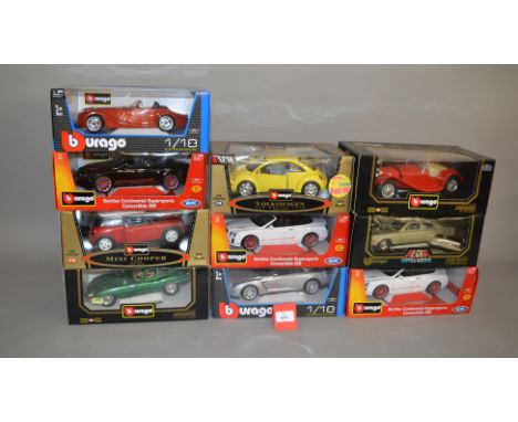 10 x Bburago 1:18 scale diecast model cars, including Rolls-Royce, Mini Cooper, Bentley, etc. VG, boxed. 