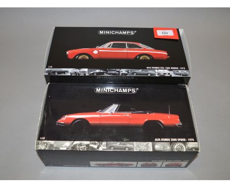 Two boxed Minichamps Alfa Romeo diecast model cars in 1:18 scale, 2000 Spider 1970 and GTA 1300 Junior - 1972. Models appear 
