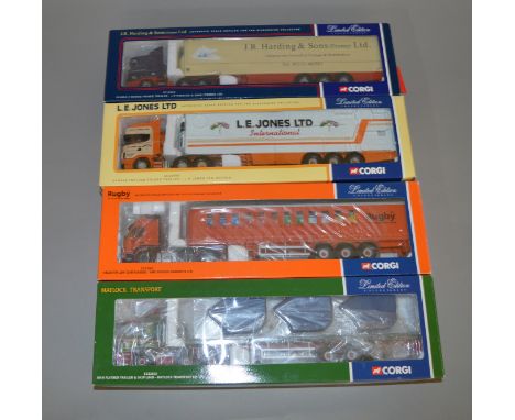 Four Corgi 1:50 scale diecast model lorries: CC12215 JR Harding & Sons Scania 4 Series Fridge Trailer; CC12908 LE Jones Scani