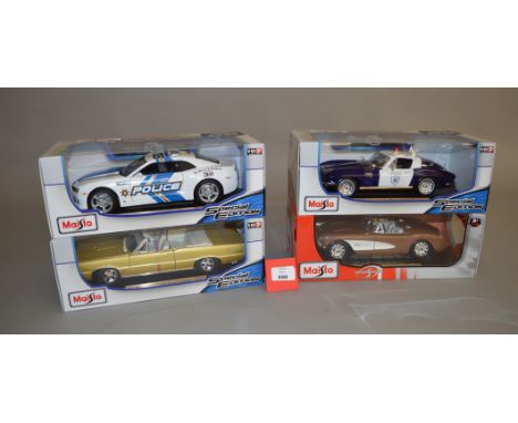 Four Maisto Special Edition 1:18 scale diecast model cars, including a 1965 Chevrolet Corvette Police model. VG, boxed. (4)