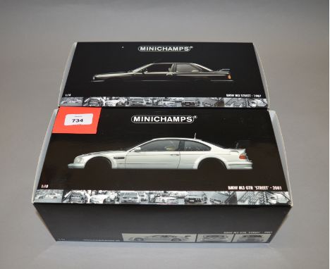 Two boxed Minichamps BMW M3 GTR 'Street' diecast model cars in 1:18 scale, 1987 and 2001 variants. Both appear VG in G+/VG pa