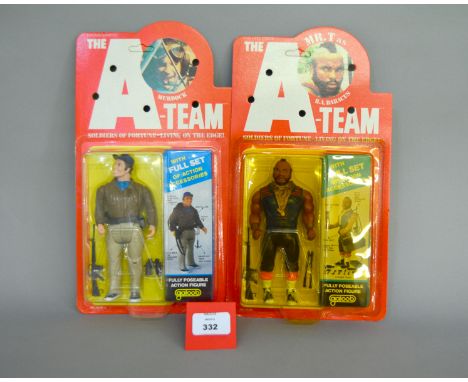 Two Galoob The A-Team action figures: Mr. T as B.A. Baracus, M and sealed on E unpunched card in yellowed bubble; Murdock, M 