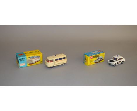 Two boxed Corgi Toys diecast models, 506 Police Panda Hillman Imp in white with black door panels and bonnet, G+ in G+ box, a