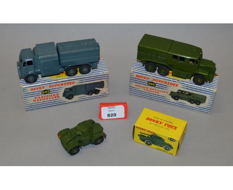 Three boxed Dinky Toys military diecast models, 642 Pressure Refueller, 670 Armoured Car and  689 Medium Artillery Tractor. O