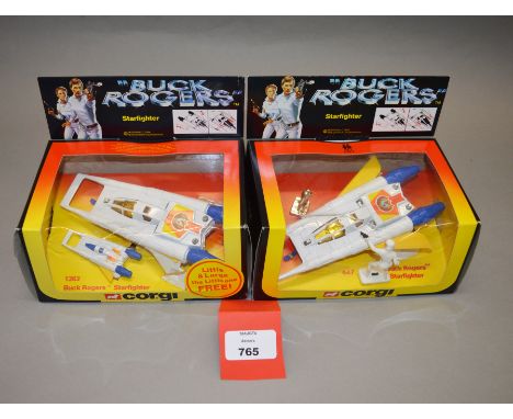 Two boxed Corgi Toys 'Buck Rogers' Starfighter diecast models, #647 complete with figures and #1363 complete with 'Junior' ve