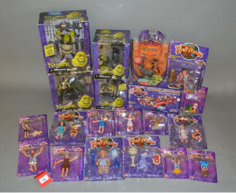 Quantity of children's toys, McFarlane Shrek and Mattel Flinstones. All boxed/carded, appear G-VG.