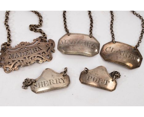 A pair of George III silver decanter labels, John Wren, London 1803, Port and Sherry, another pair Claret and Madeira and a p