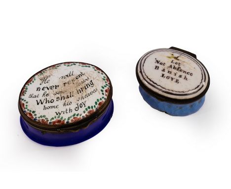 Two early 19th Century Bilston enamel patch boxes, one inscribed 'Let Not Abfence Banish Love', the other with rubbed inscrip