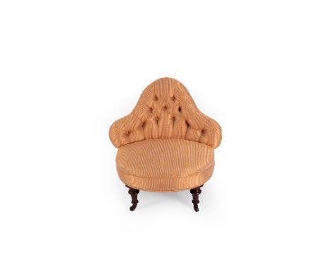 A small Victorian upholstered button back corner chair, upholstered in terracotta and cream stripe fabric with floral motif, 