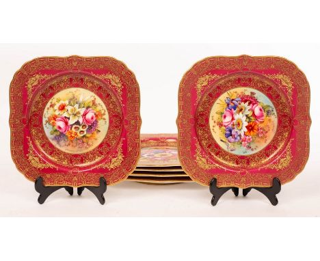 A set of six Royal Worcester plates of square shape centred by floral studies, signed E Barker and within broad puce borders 