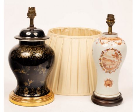 A Chinese baluster vase decorated European scenes, mounted as a lamp, 21.5cm high and another vase mounted as a lamp  CONDITI